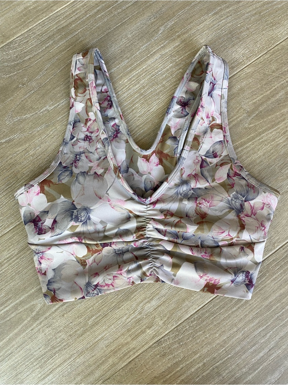 Floral Ruched V-Neck Sports Bra Top Pink, Gray, Green Size Small